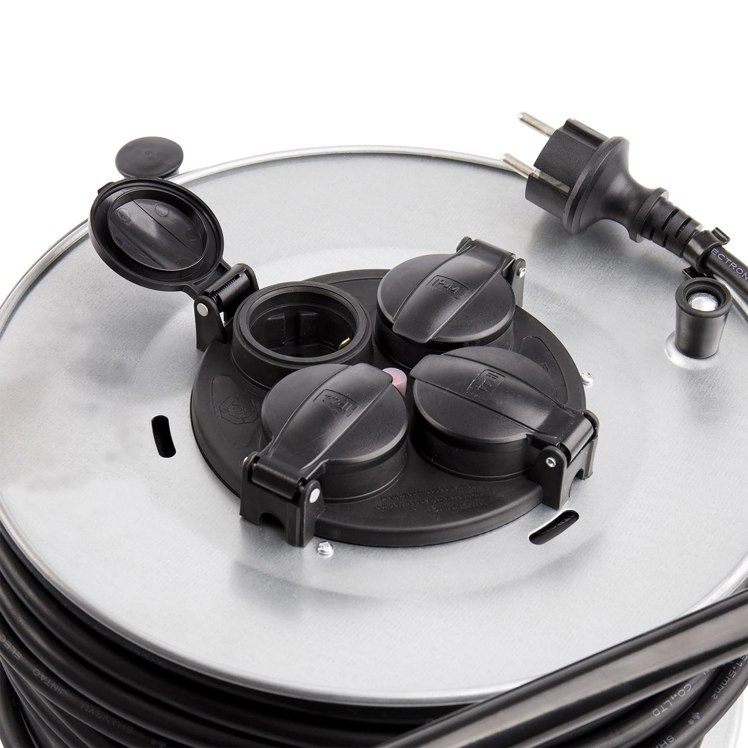 LEDKIA LIGHTING - Carrete Alargador de Cable 50m | 4 Enchufes con Tapas Protectoras | Protección IP44 | Carga Máxima 3200W | Uso Interior/Exterior, Gris, Metal