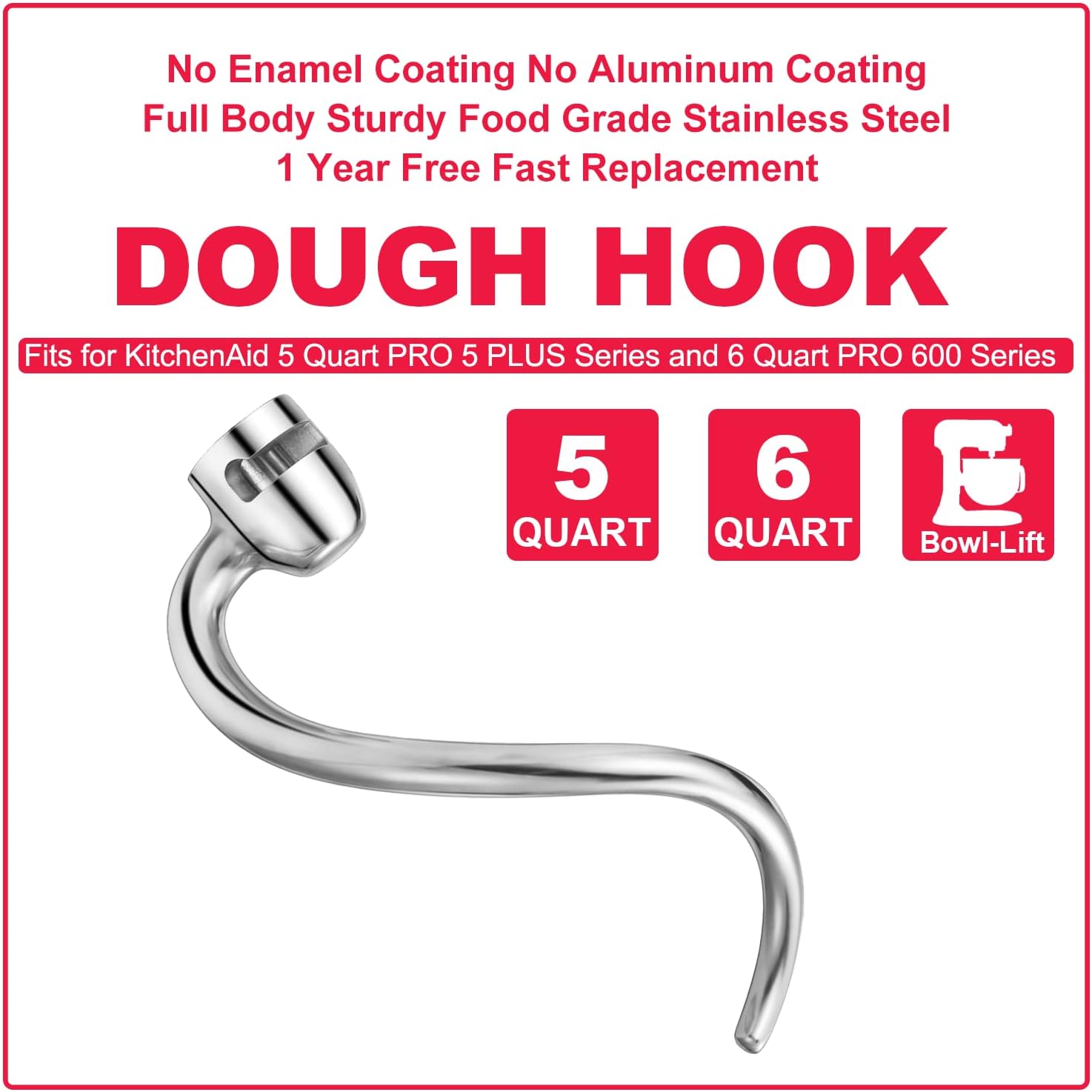 Stainless Steel Dough Hook for KitchenAid Bowl-L Professional 600&Pro 5 Plus Mixer, Heavy Duty, Dishwasher Safe Fit for KSM5 KV25G0X KV25G8X KV25H0X KP26M1X KP26M8X
