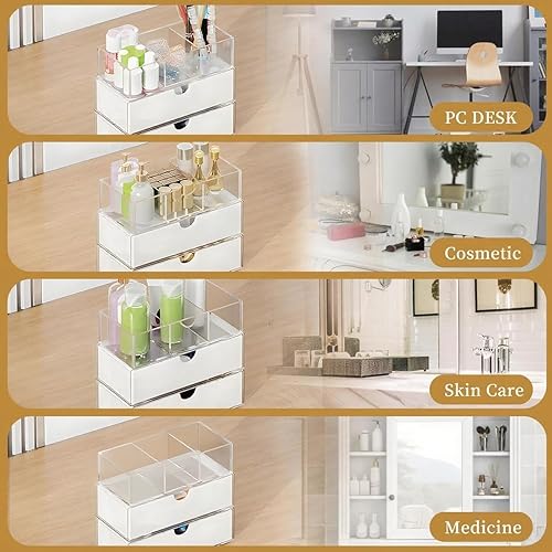 Miniatura 7 de Organizador de botiquín de 3 niveles, bandejas de almacenamiento divididas y apilables con 2 cajones para armario de espejo de baño, gabinete de