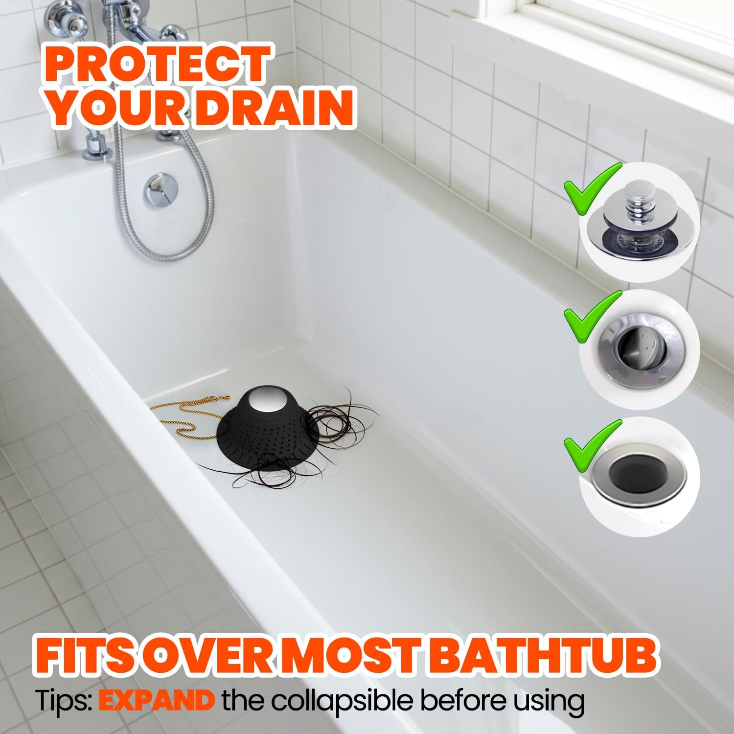 Shower Drain Hair Catcher - Bathtub Drain Cover Foldable Silicone,Shower Drain Protector for Pop-Up and Regular Drains of Shower,Tub, Bathroom, Sink, Silver-Black - Image 3