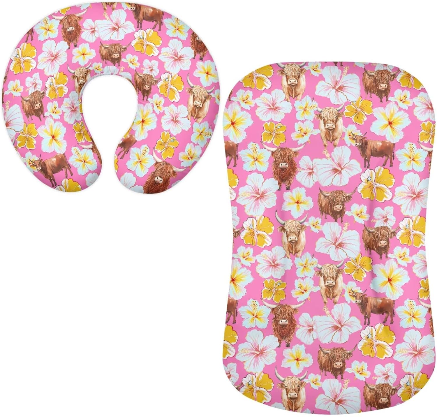 Highland Cow Hibiscus Newborn Lounger Cover for 0-12 Months Fitted Baby Bassinet Sheets Set Vibrant Breastfeeding Pillow Cover Newborn Nursing Pillow Case 2PCS