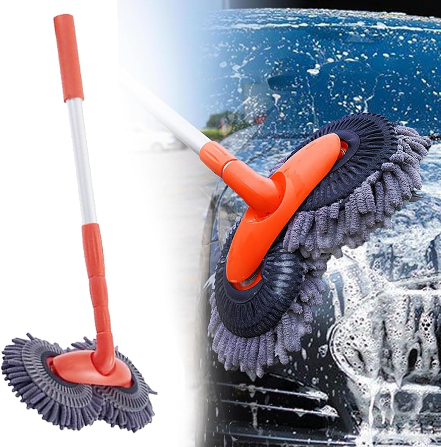 Obrotowy mop samochodowy, szczotka do mycia samochodu z długim uchwytem, teleskopowy mop z podwójną głowicą z mikrofibry, środek do czyszczenia szyb samochodowych, akcesoria do mycia i czyszczenia
