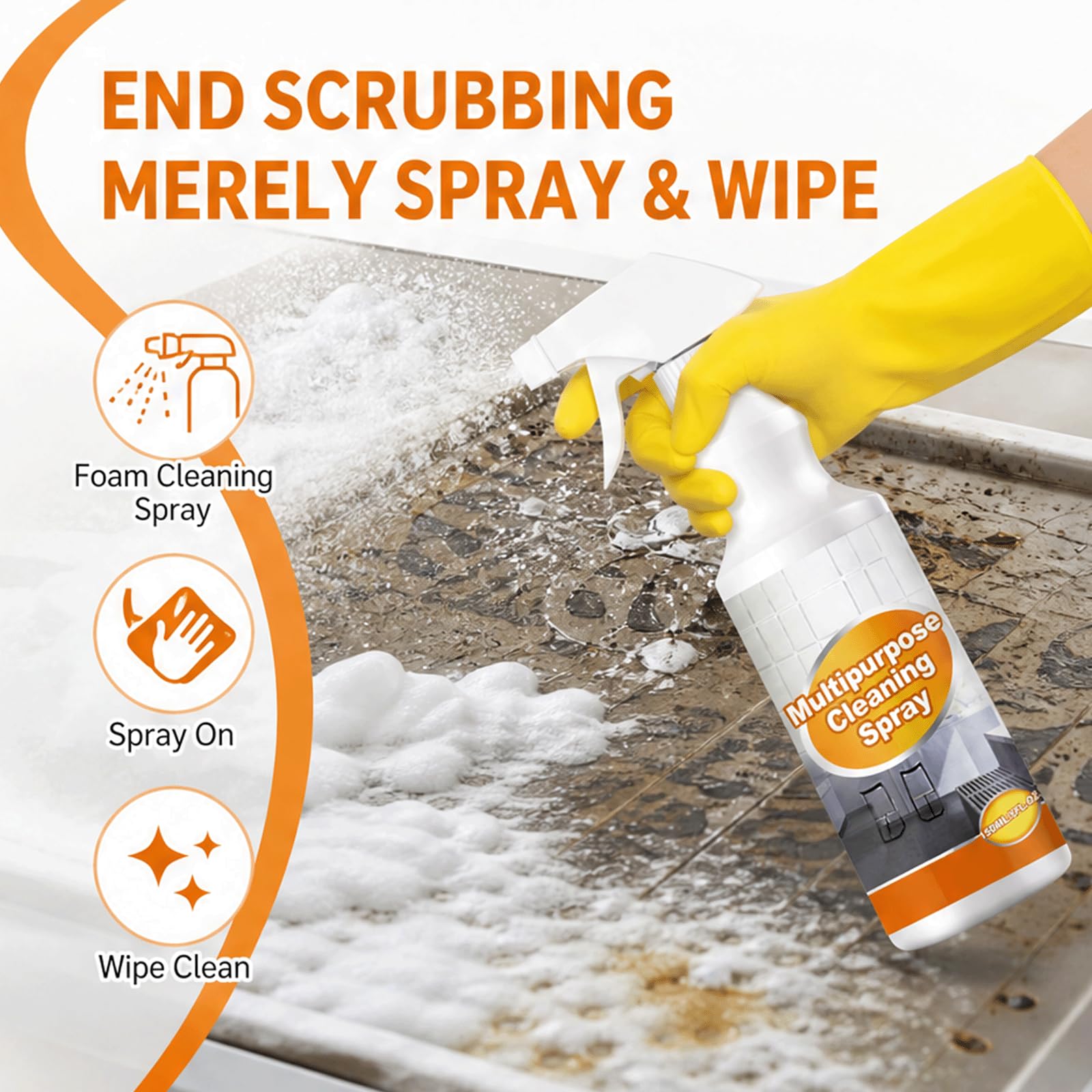 Spray detergente in schiuma da cucina multiuso, spray sgrassante per impieghi gravosi, potente rimozione del grasso, detergente multiuso, schiuma a bolle senza scrub, spray multisuperficie (5 pezzi)