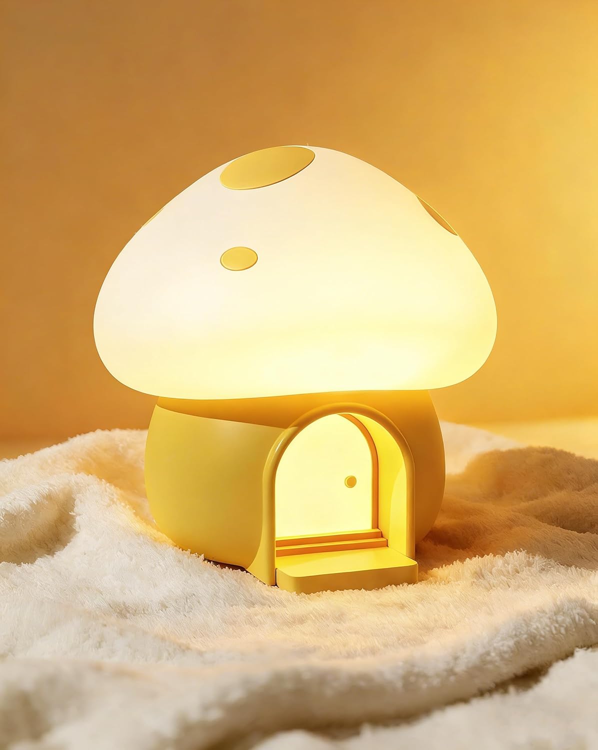 Kids Nursery Night Light, Kawaii Bunny Mushroom House Silicone Lamp with Tap Control, 3-Step Dimmable, 30/60 Min Timer, Rechargeable Cordless Bedside Light for Toddlers (Yellow)