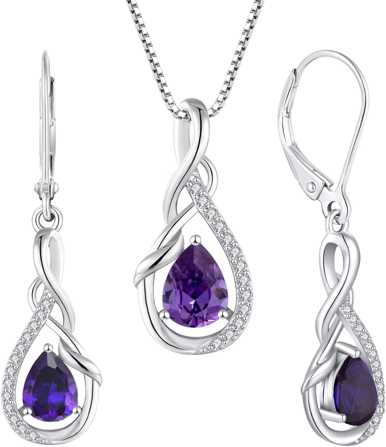 STARCHENIE 925 Sterling Silver Necklace Dangle Earrings for Women Infinity Twisted Teardrop Pendant February Birthstone Created Amethyst Jewelry Set