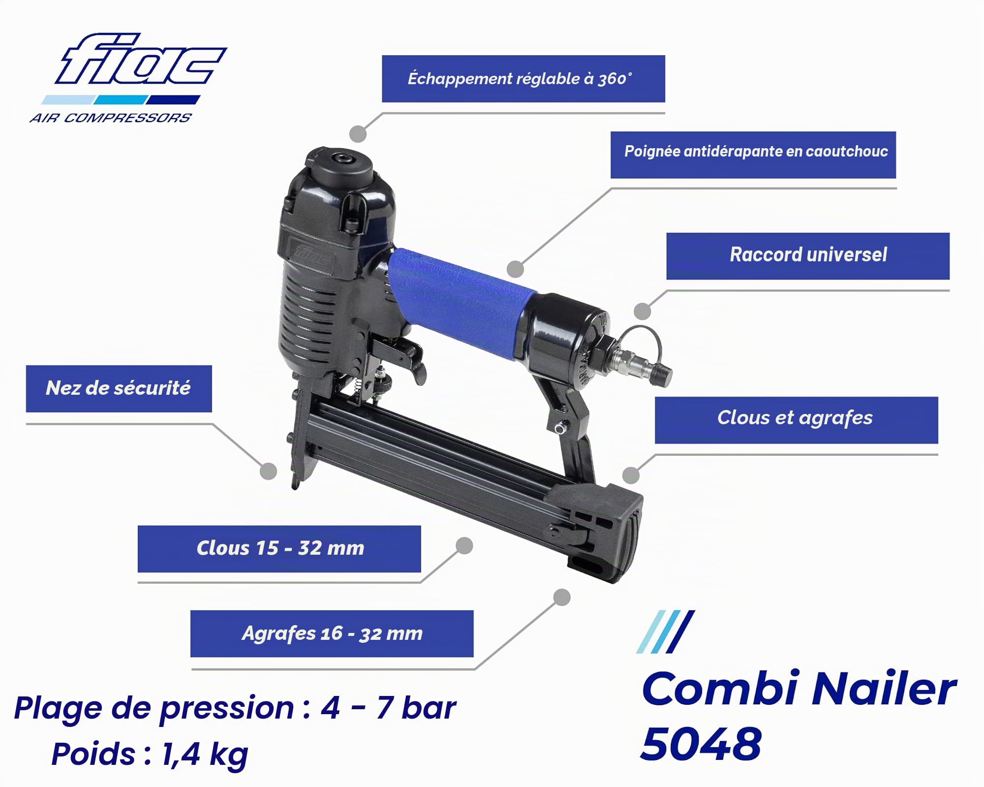 FIAC Agrafeuse Cloueuse Pneumatique, Adaptée pour Agrafes 16-32 mm et Clous 15-32 mm, Inclut Mallette de Transport, Bouteille d'Huile, Pression Max 7 Bar