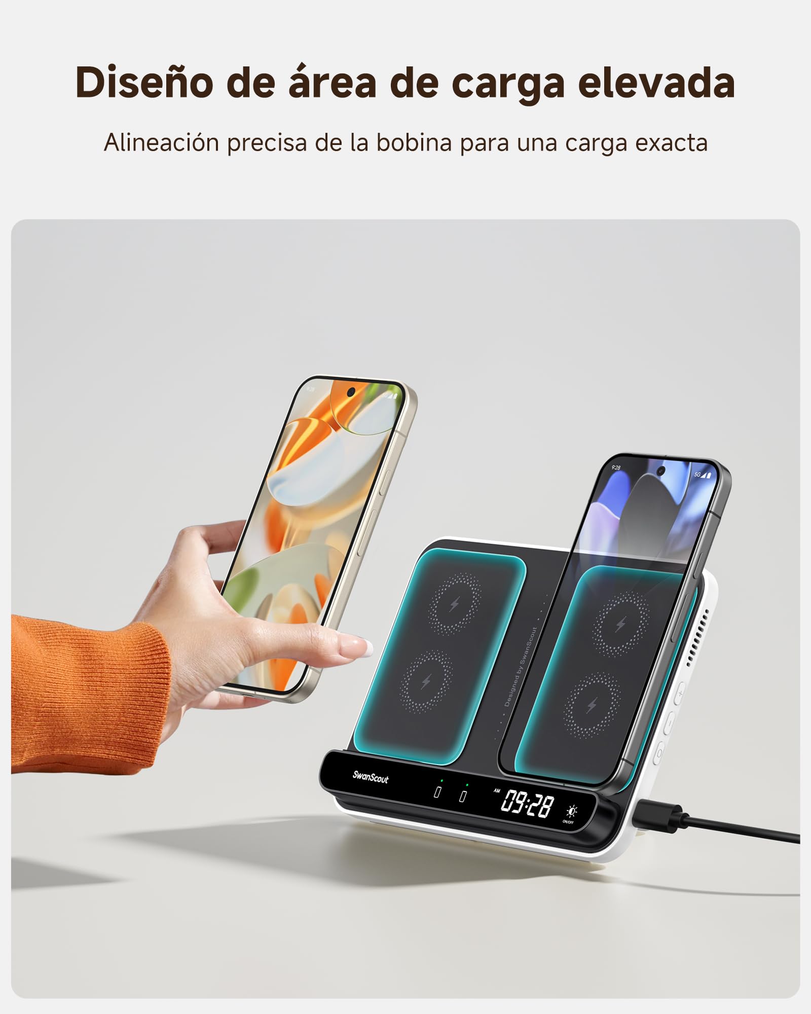 SwanScout Cargador Inalámbrico para Pixel Watch 3/2/Fitbit Versa 4/3/Sense 2 (No para Google Watch 4/1), Estación de Carga Dual para Google 9 Pro Fold/9 Pro XL/9 Pro/9a/9/8/7/Buds, SwanScout 710G2