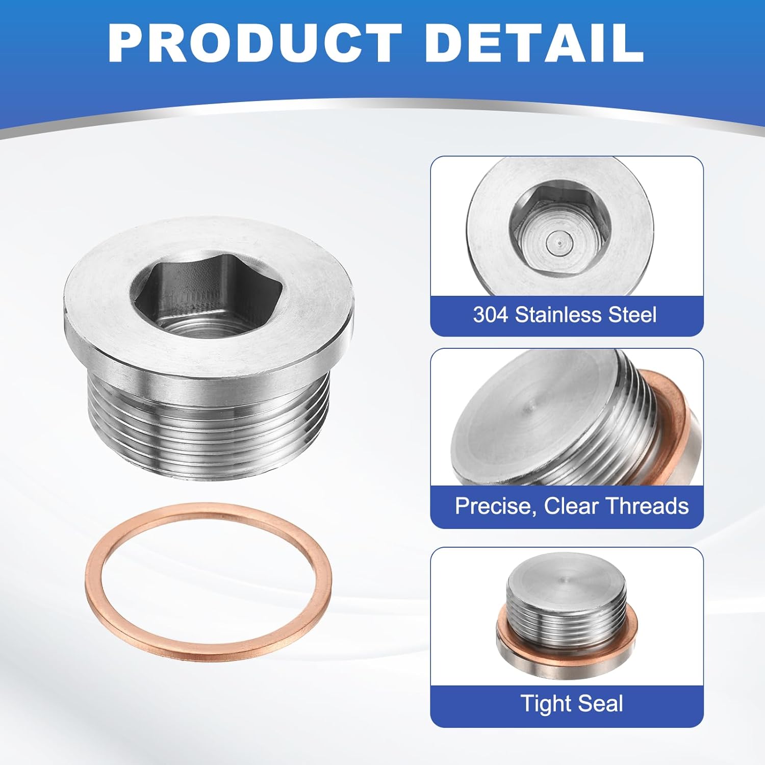 PATIKIL 2 Pcs 1" BSP Pipe Plug Fitting, 304 Stainless Steel Internal Hex Head Socket Pipe Cap Adapter Connector with Copper Washer for Sealing Oil Gas Water