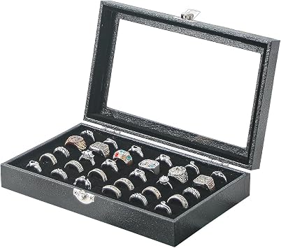 Ring Holder Organizer Box,Jewelry Ring Display Case, Earring Necklace Storage Tray With Top Glass Lid Black, 30 Slots Ring