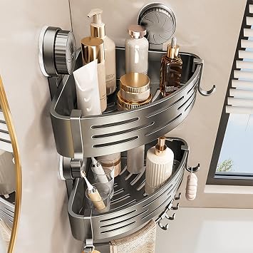 Suction Cup Shower Caddy, Adjustable Layer Corner Shelf with Hooks, Rustproof ABS Shower Organizer, No Drill Bathroom Storage for Soap, Shampoo, and Toiletries
