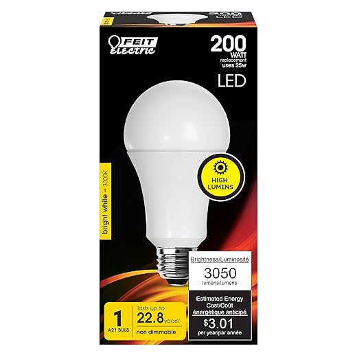 Feit Electric A21 LED Light Bulb, 200W Equivalent, Non-Dimmable, 3050 Lumens, E26 Standard Base, 3000k Bright White, High Output LED Bulb, Damp Rated, 22 Year Lifetime, OM200/830/LED