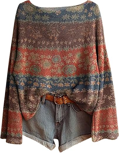 Knit Tops for Women Fall 2025 Boho Vintage Long Sleeve Shirts Ethnic Graphic Sweatshirts Cute Pullover Sweaters