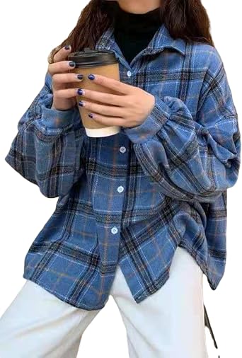 Plaid Shirt Womens Autumn and Winter Tops Loose Casual Long-Sleeved Brushed Retro Hong Kong-Style Jacket