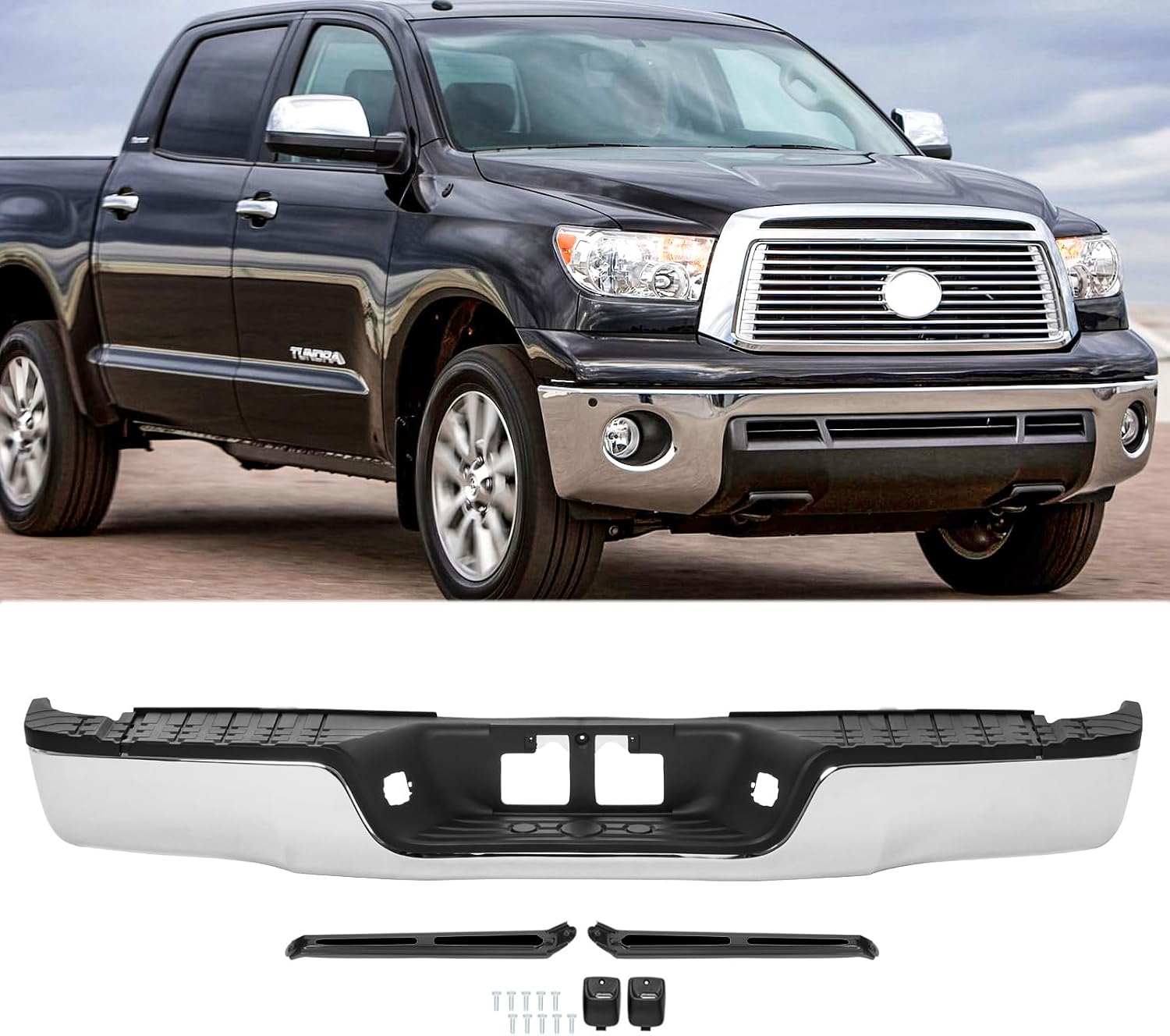 Rear Bumper Assembly Replacement for 2007 2008 2009 2010 2011 2012 2013 Toyota Tundra with/without Sensor Hole Truck Back Bumper, Steel Chrome