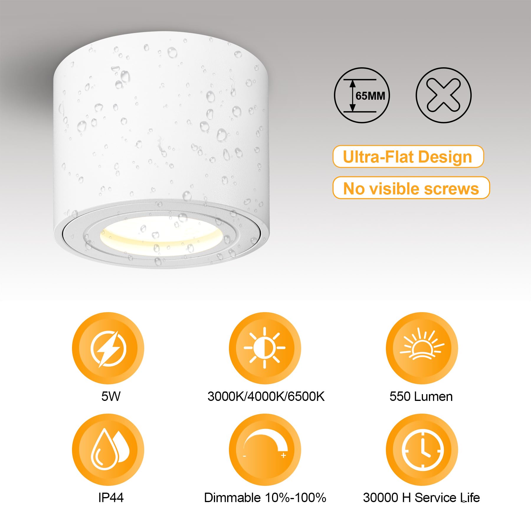 4 x reflektor LED do zabudowy, biały, IP44, Ø 80 x 65 mm, płaski, natynkowy reflektor punktowy 230 V, w zestawie moduł LED 5 W, 550 lm, 3000 K/4000K/6500 K, oświetlenie sufitowe, możliwość