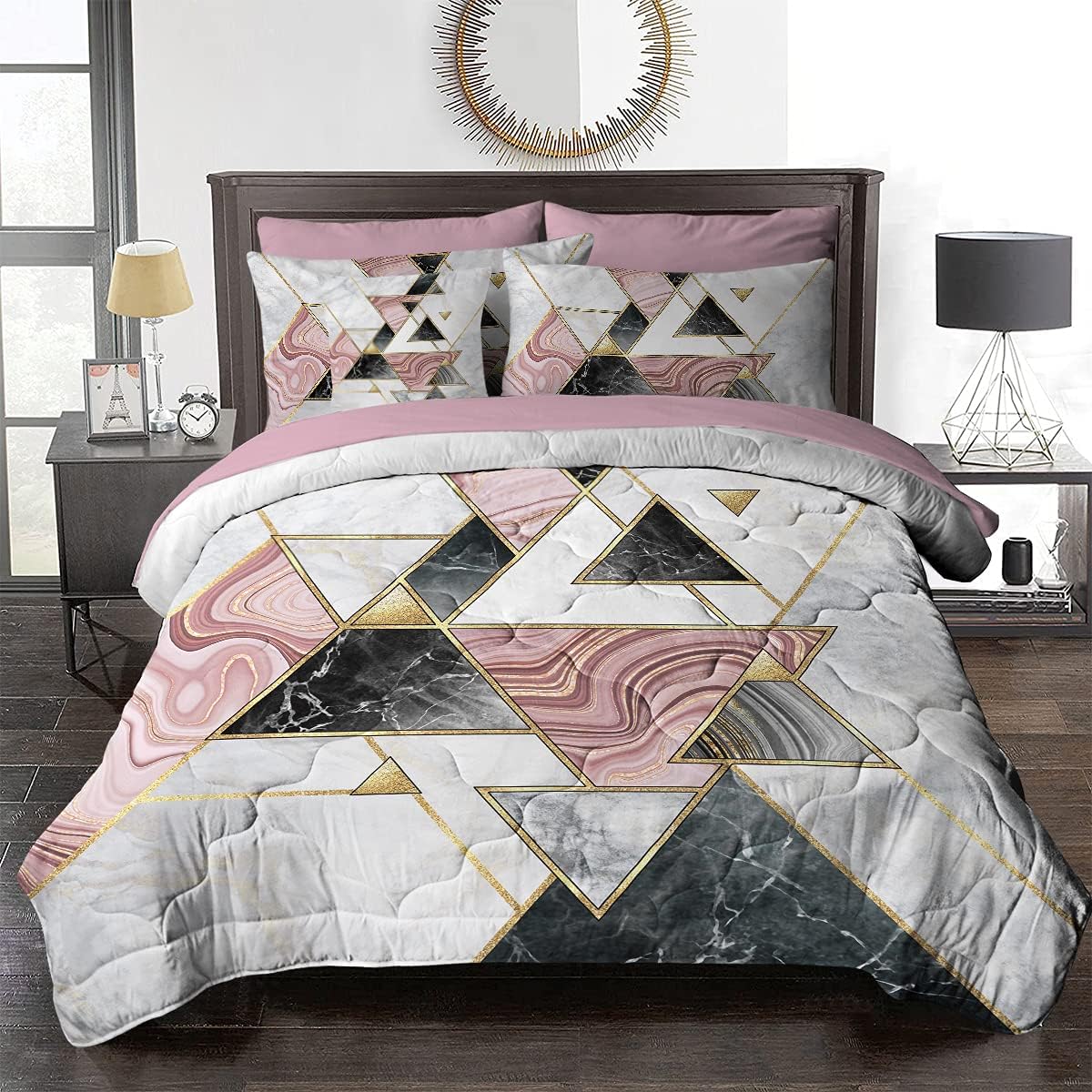 BlessLiving 8-Piece Marble Comforter for Twin Bed Pink Black Gold Modern Bed in A Bag for Girl - 1 Reversible Comforter, 2 Pillow Shams, 1 Flat Sheet, 1 Fitted Sheet, 1 Cushion Cover, 2 Pillowcases