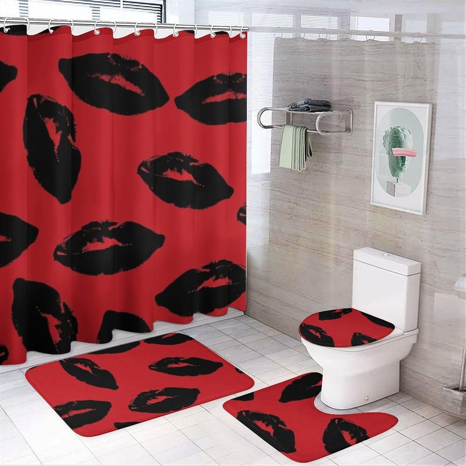 4 Piece Bathroom Rug Set with Shower Curtain, Non-Slip Bath Mat Toilet Cover Set, Red and Black Lips Bathroom Rug Sets
