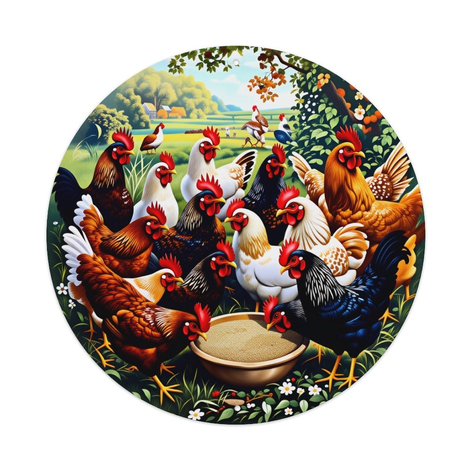 Chicken Farm Scene Pattern Print Metal Tin Sign Vintage Garden Bedroom Cafe Bar Man Cave Home Wall Decor Metal Poster 8x8 inches