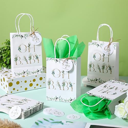 Miniatura 4 de PerKoop Paquete de 50 bolsas de regalo de bienvenida de baby shower con 50 papel de seda verde, 50 etiquetas, 1 cuerda para baby shower, bolsas de