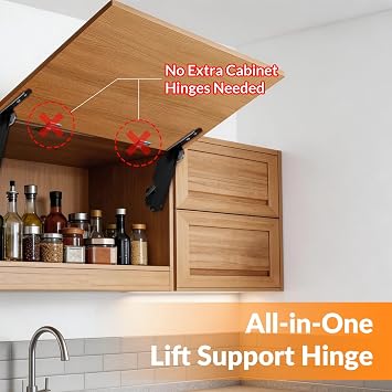 HBL' Lid Support Hinges with Soft Close, Adjustable Strength, 20LBS Support | Lid Stay for Overhead Cabinet Doors, 110 Opening, 7-Level Strength Adjustment