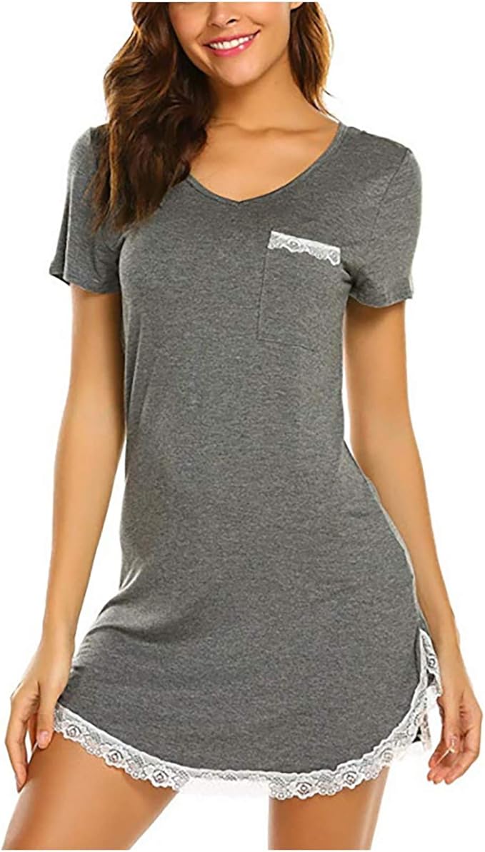 Women's Casual Sleep Shirt Dress V Neck Sleeve Lace Trim Soft ...