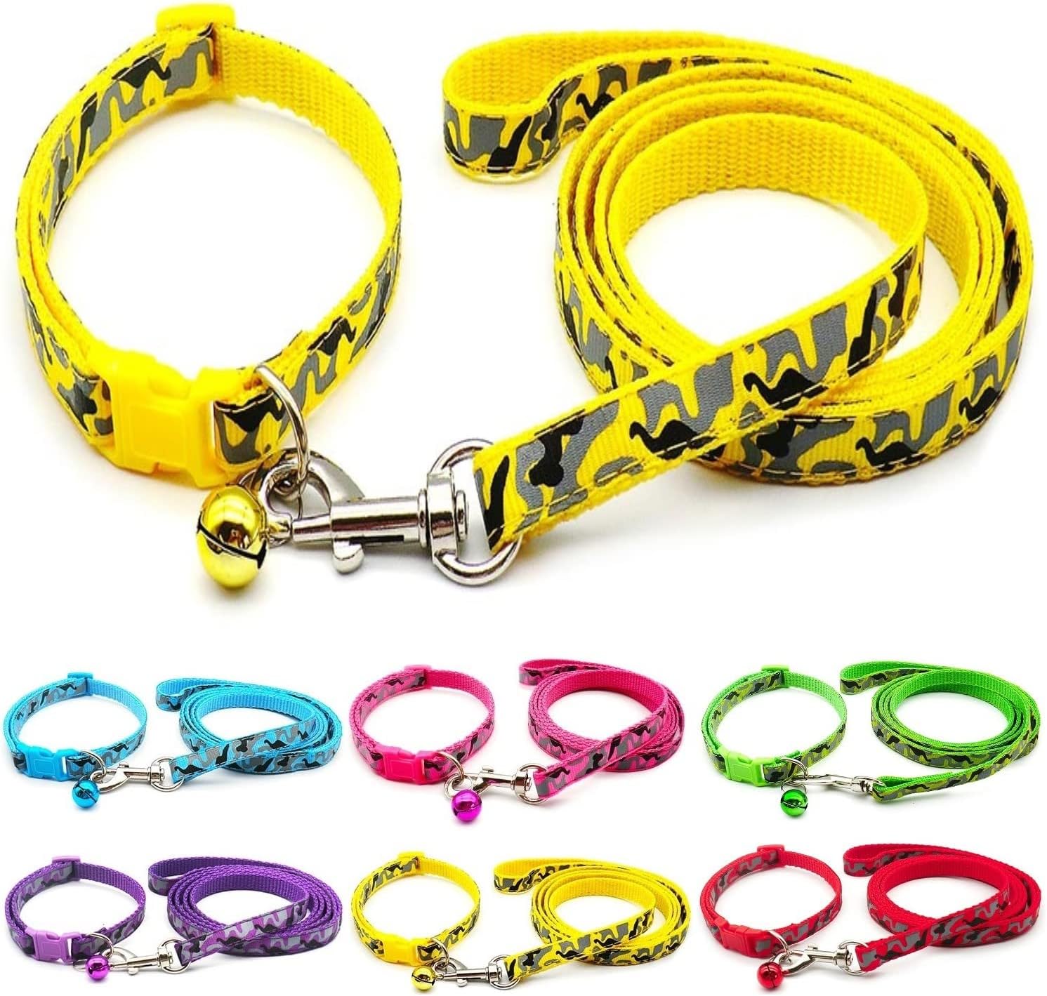 Small Dog Puppy Pet Collar and Lead Set Camo Camouflage Design Nylon Adjustable Size 19-32cm Collar with Bell and 120cm Leash Yellow
