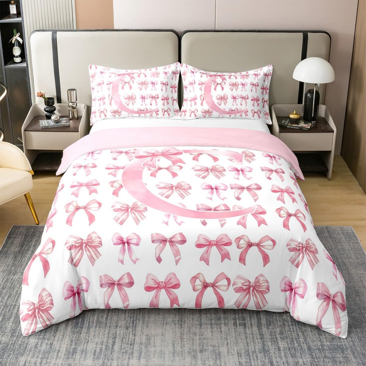 Initial Letter C Cotton Bedding Set Queen,Monogrammed Present for Kids Girls Toddler Duvet Cover 3pcs,Coquette Pink Bow Comforter Cover,Cartoon Bowknot Princess Style Quilt Cover,Not Comforter