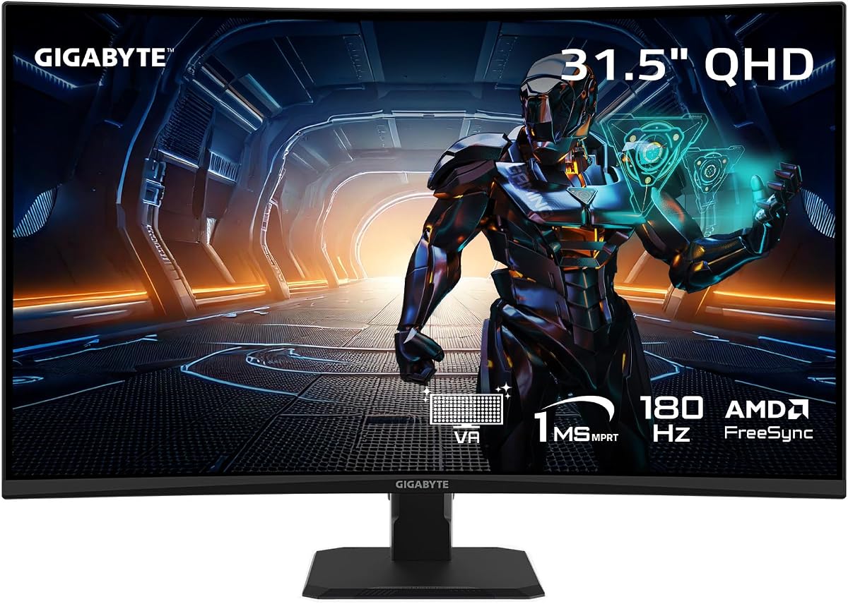 GS32QCA Monitor curvo para juegos VA QHD 180Hz de 31,5" versión avanzada | Negro, QHD 2560x1440, 180 Hz, MPRT de 1 ms, AMD FreeSync, HDR Ready, 2X HDMI 2.0, DP 1.4, inclinación ajustable