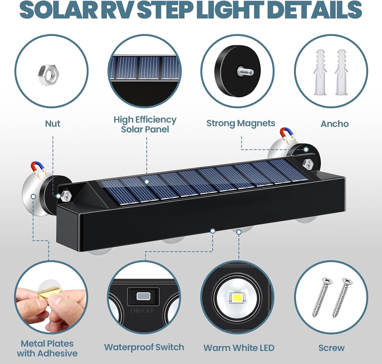 Magnetic Solar RV Step Lights, High-Capacity LED Safety Lighting, IP65 Waterproof Wireless Wider Solar Panel for RV, Camper Stair, Porch, Boats, Garage & Trailer, No-Drill Install (4-Pack)