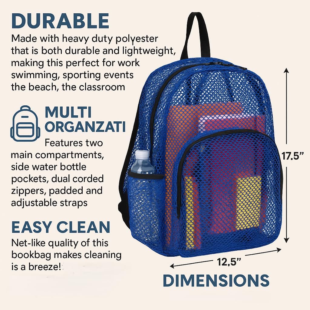 Eastsport Heavy Duty Mesh Sport Backpack Daypack Bookbag Bag See Through for Travel, Swim, Gym, Beach, 17.5 Inches, Blue