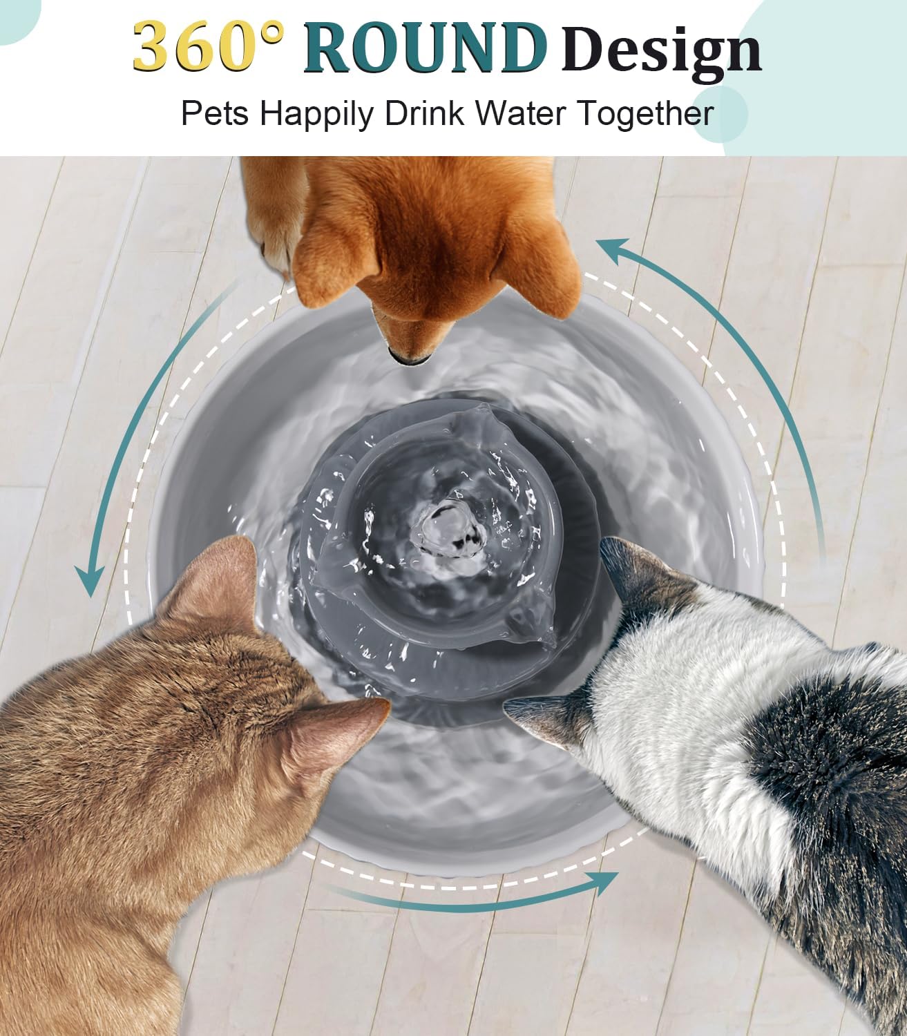 Ceramic Cat Water Fountain, Ceramic Pet Fountain, 2.1 L Drinking Fountains Bowl for Cats and Dogs with Replacement Filters and Foam(Grey)