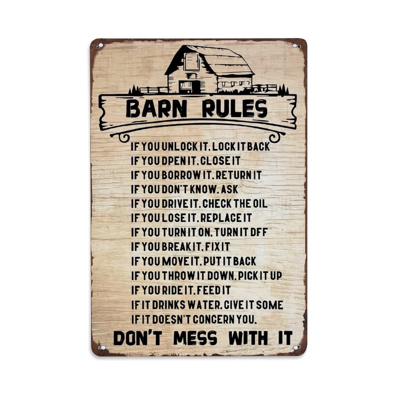 Bliveurn Vintage Barn Rules Wood Sign Print Retro Metal Tin Sign, Metal Poster For Home, Gaming Room, Studio Workshop,Bar,Garage Wall Art Decor 8X12 Inch