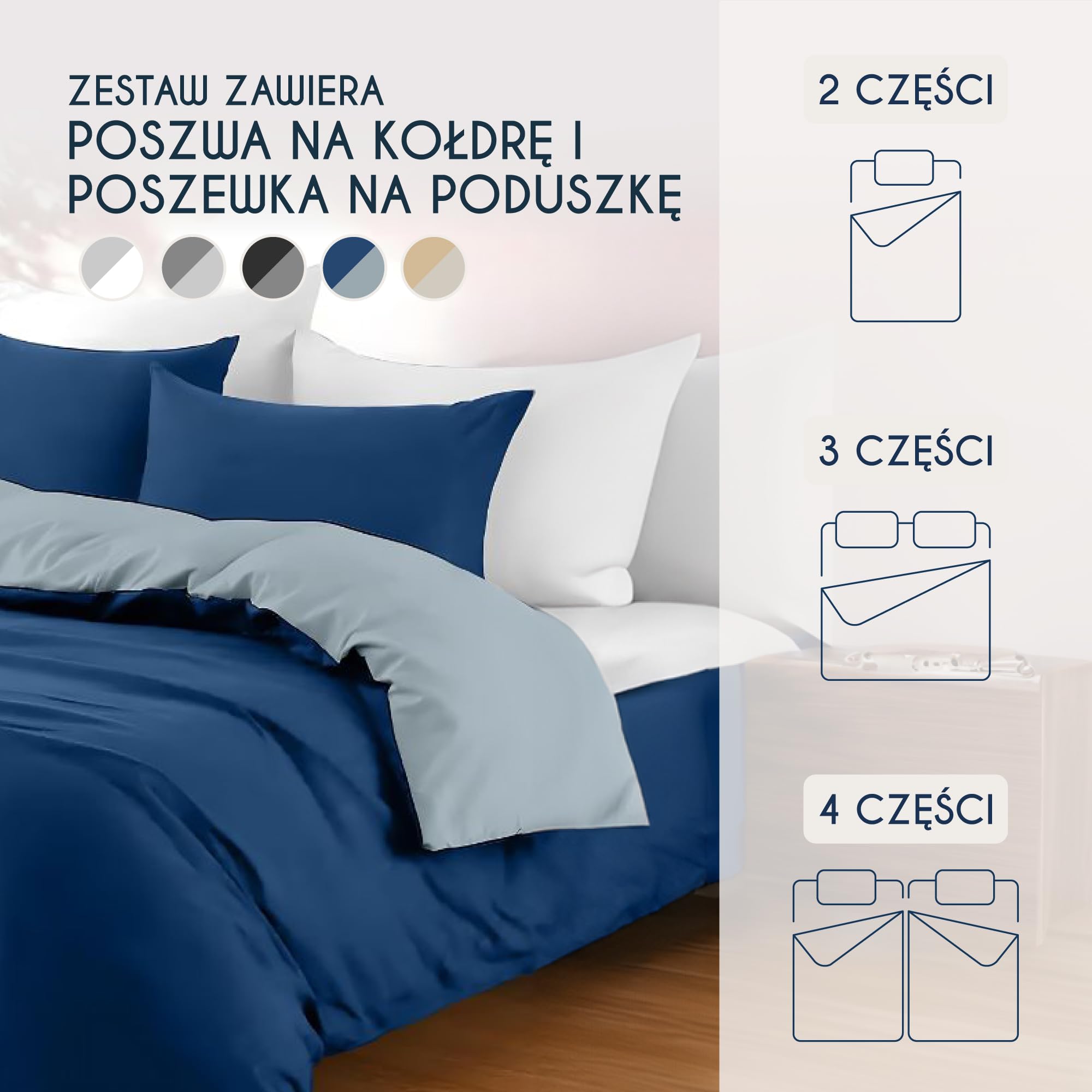 Dreamzie - Poszewka na kołdrę 200x220 cm z 2 poszewkami na poduszki 80x80 cm - Ciemnoniebieski/Niebieskoszary - Zestaw pościeli 200x220 ze 100% mikrofibry - 3 sztuki - Oeko TEX