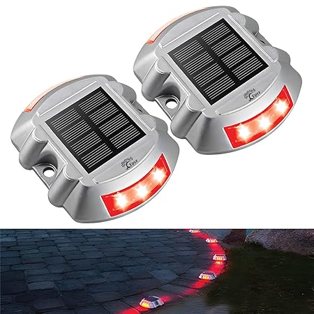 Epyz Solar Road Stud Light Outdoor Waterproof 6 LED Deck Lights for Driveway, Dock, Markers, Step, Staircase Ground, Sidewalk, Yard [ Aluminium Alloy] [ Pack of 2, Red Flashing ]