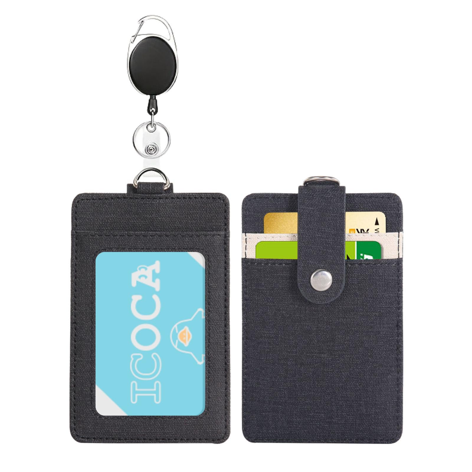定期入れ リール付き パスケース メンズ レディース 脱落防止バンド付き 子供 男女兼用 縦 定期入れ リール 伸縮 両面3枚 ic カードケース 社員証 PUレザー (ブラック)