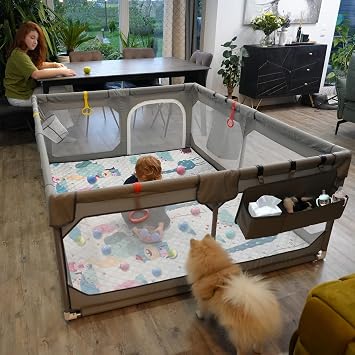 Baby Playpen with Mat 79"*70", Extra Large Playpen for Babies and Toddlers with Storage Bag, BPA-Free, Non-Toxic, Safe No Gaps Playards for Babies, Sturdy Safety Play Yard for Indoor Outdoor Fun, Grey