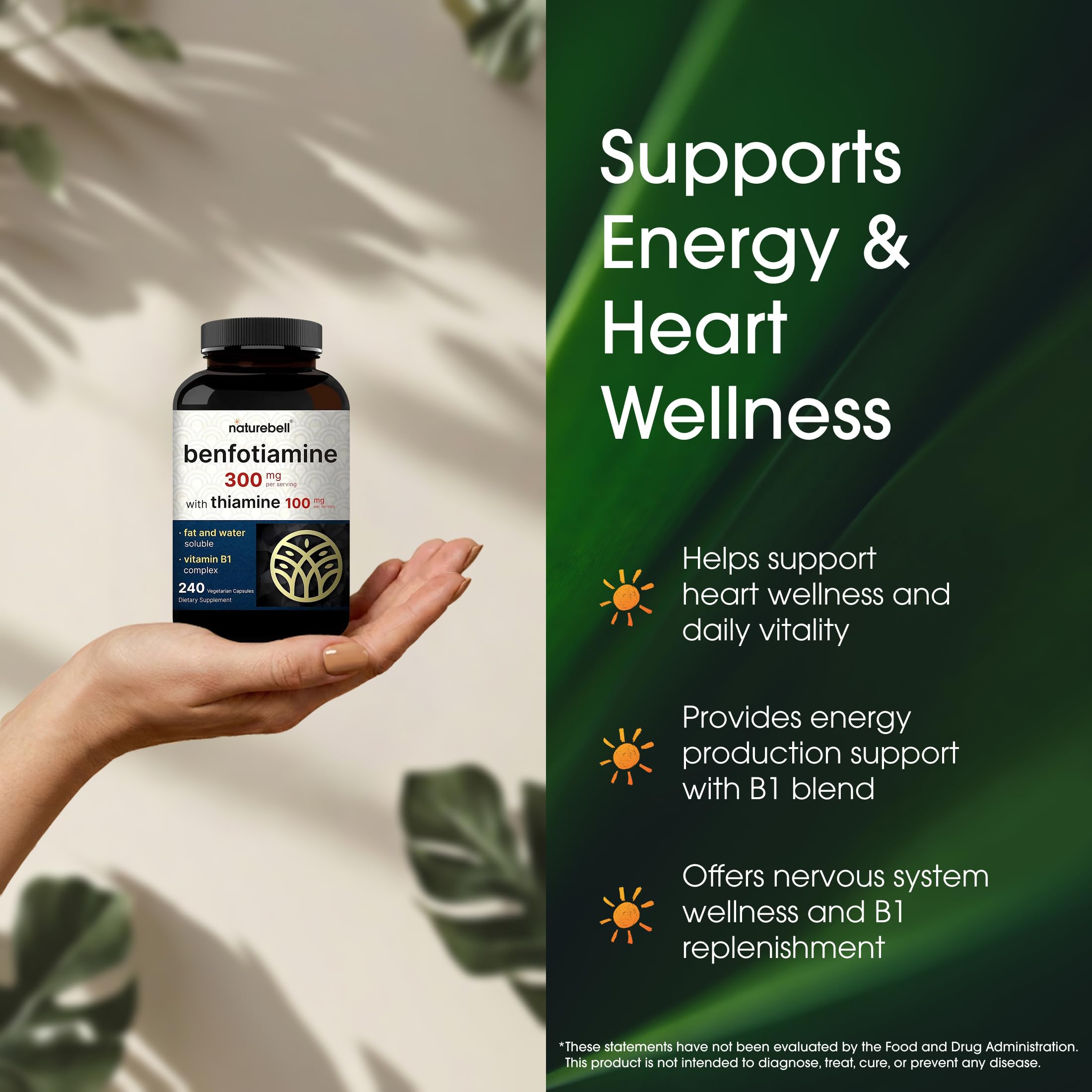 NatureBell Benfotiamine with Thiamine - 240 Vegetarian Capsules - 300mg Benfotiamine & 100mg Thiamine - for Heart Health, Energy Production & Nervous System Support* - Vitamin B1 Complex — Amazon image 4