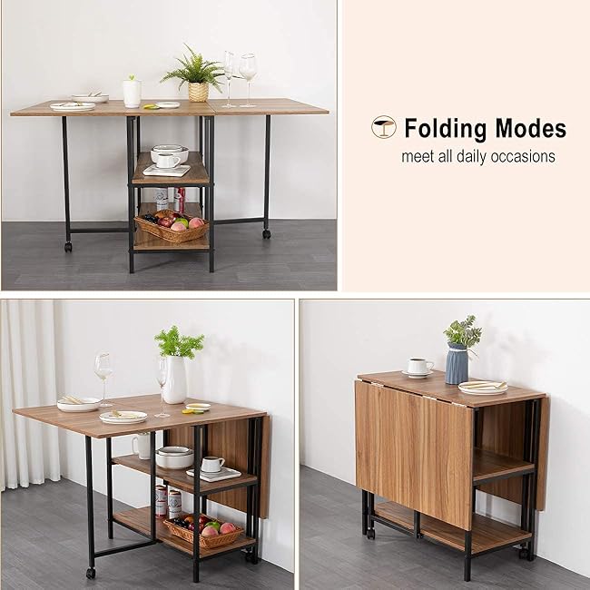 Folding Dinner Table, Drop Leaf Folding Extension Dinner Table for Kitchen