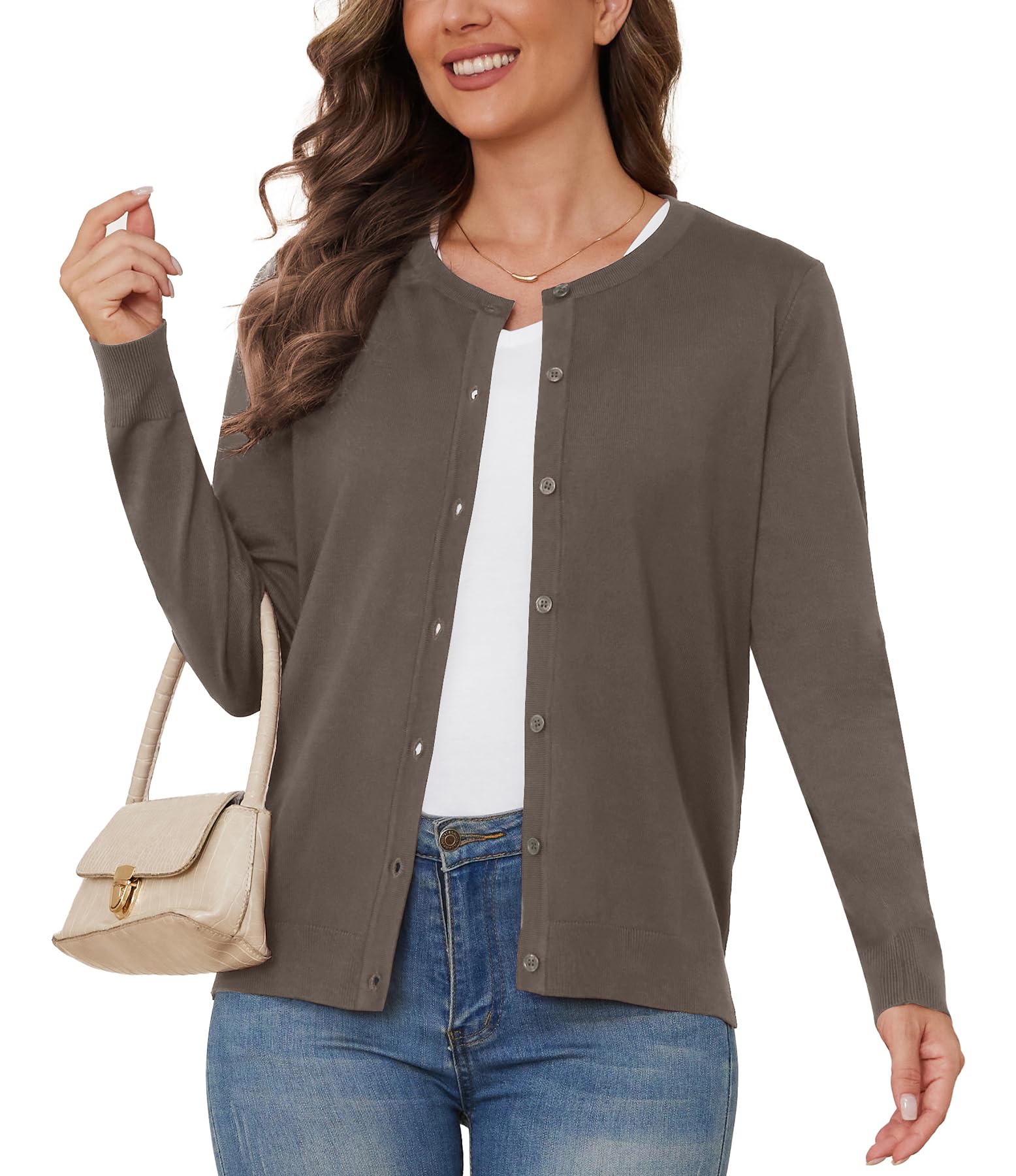 BEIGAI Chaqueta de punto ligera para mujer, monocolor, de punto, manga larga, con botones, suave, acogedora, elegante, cuello redondo, informal, chaqueta de entretiempo