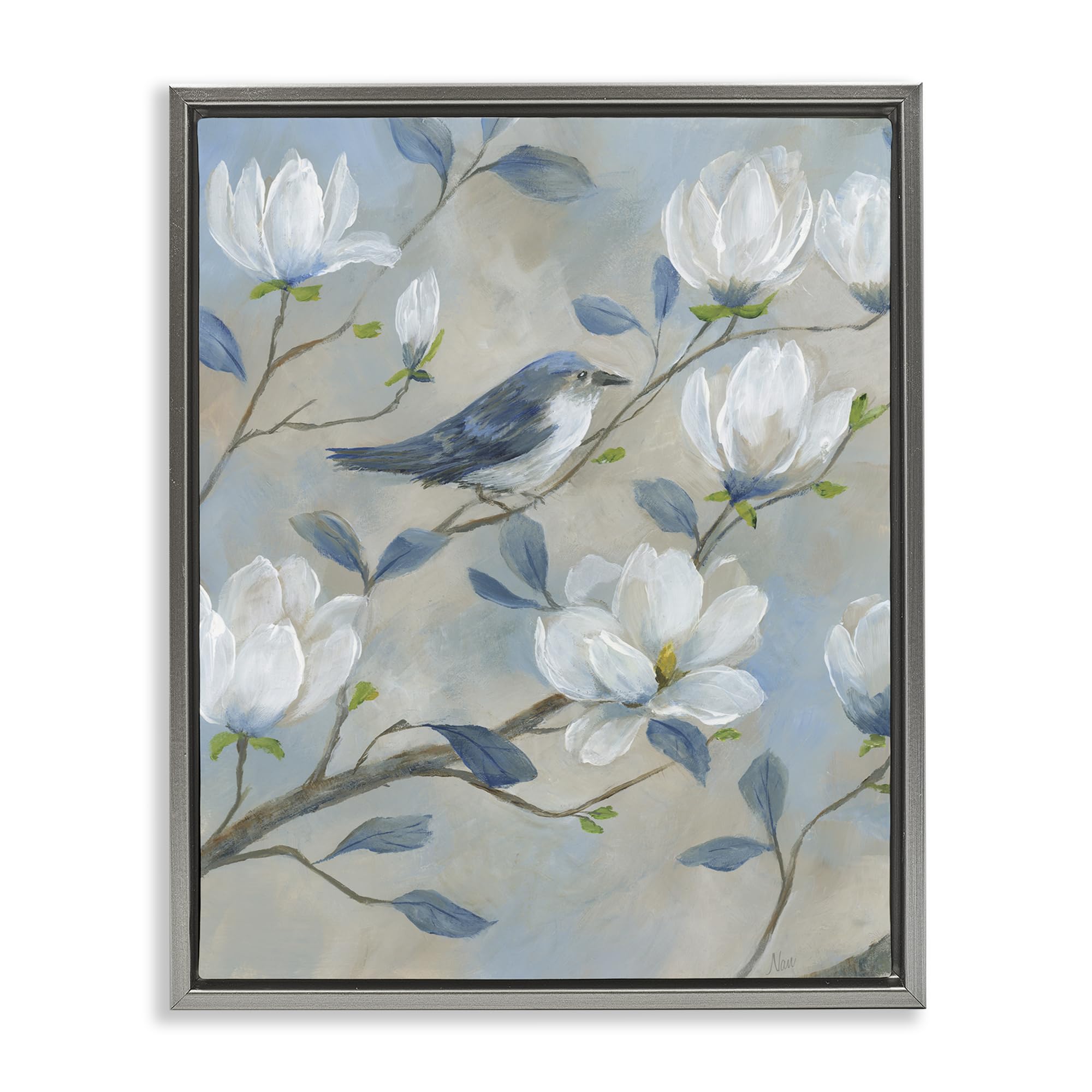 Stupell Industries Blue Bird Magnolia Blossom 'Blue Bird & Magnolia', Floating Frame Canvas Art, Gray, 25 X 31 Inches, Easy To Hang And Sturdy, Made In Usa, By Nan
