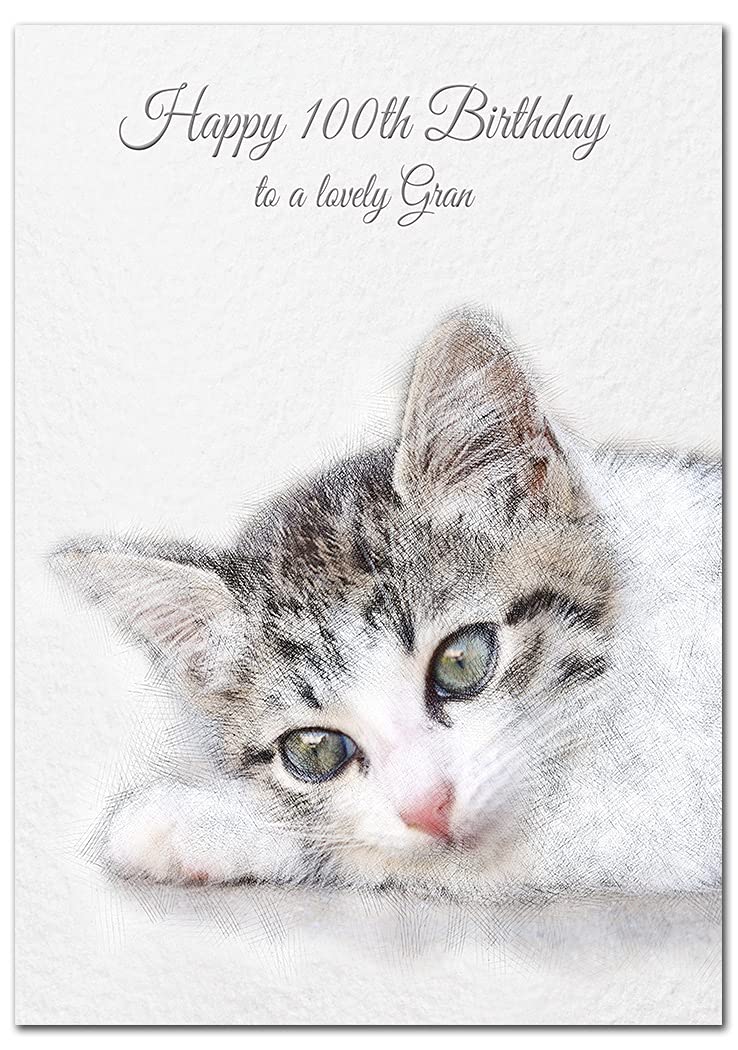 Extra Large Gran 100th Birthday Card - XL Big thick A4 size - Special Age Year Greeting Her Women Female - Beautiful Art Cute Cat Kitten Watercolour - Nice Huge Happy Wishes UK Eco-Friendly