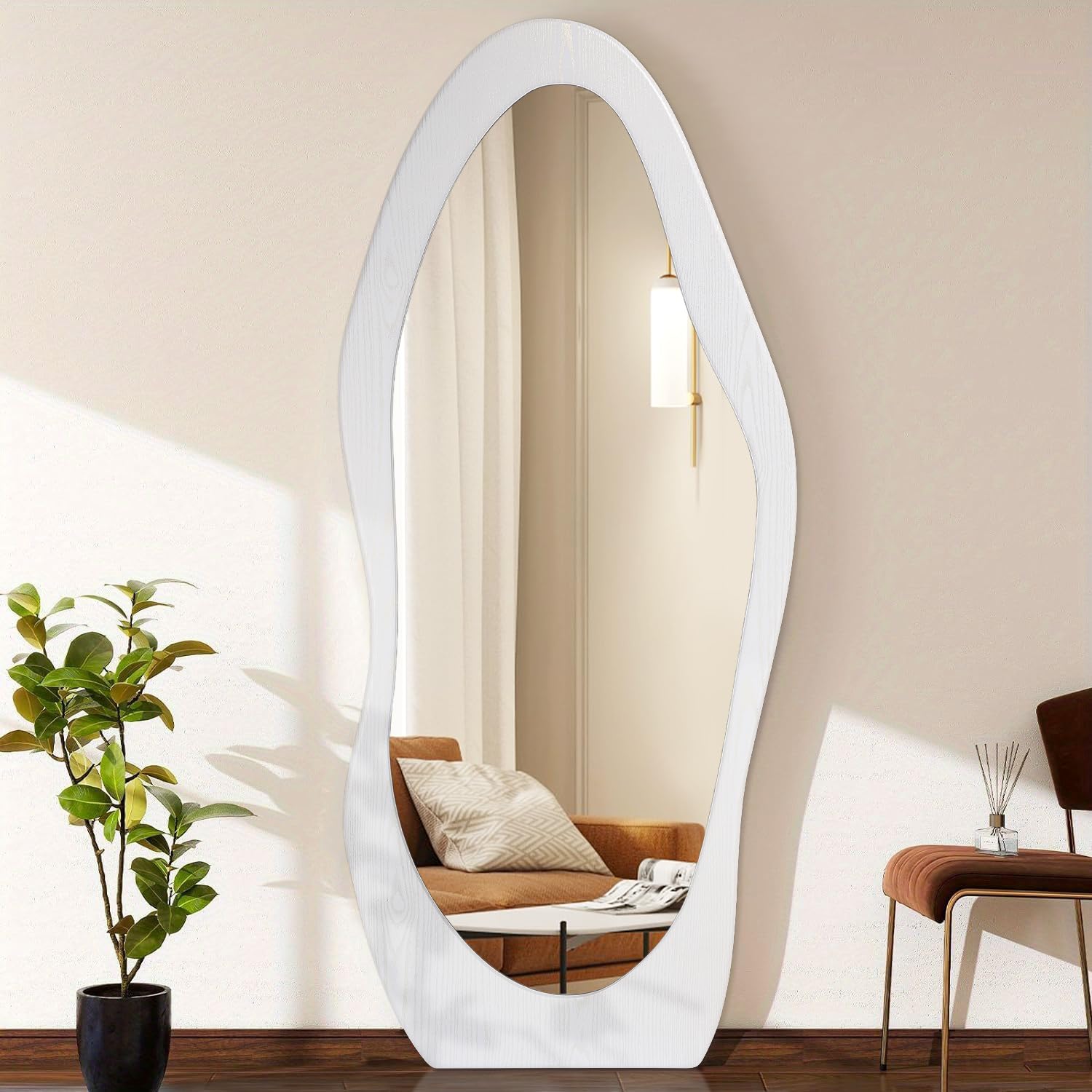 Feufoam White Full Length Mirror Oversize Irregular Wavy Mirrors 150 X 60Cm Wood Full Body Mirror Standing Wall Mounted Mirrors For Living Room Bathroom Bedroom Entryway Decor Green