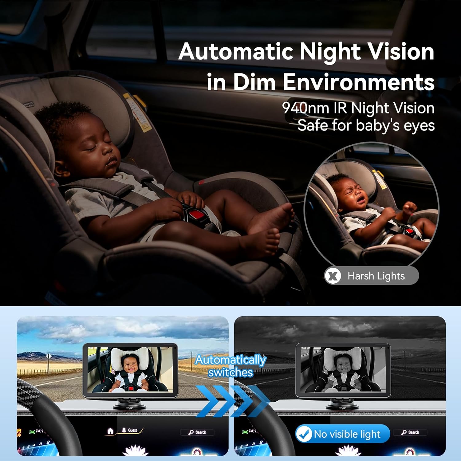 Baby Car Camera with 7" IPS Touchscreen, CarPlay & Android Auto Compatible, 1080P AHD Baby Car Monitor, IR Night Vision,360° Rotation Live Rear-Seat View, Alternative to Rear-Facing Baby Mirrors