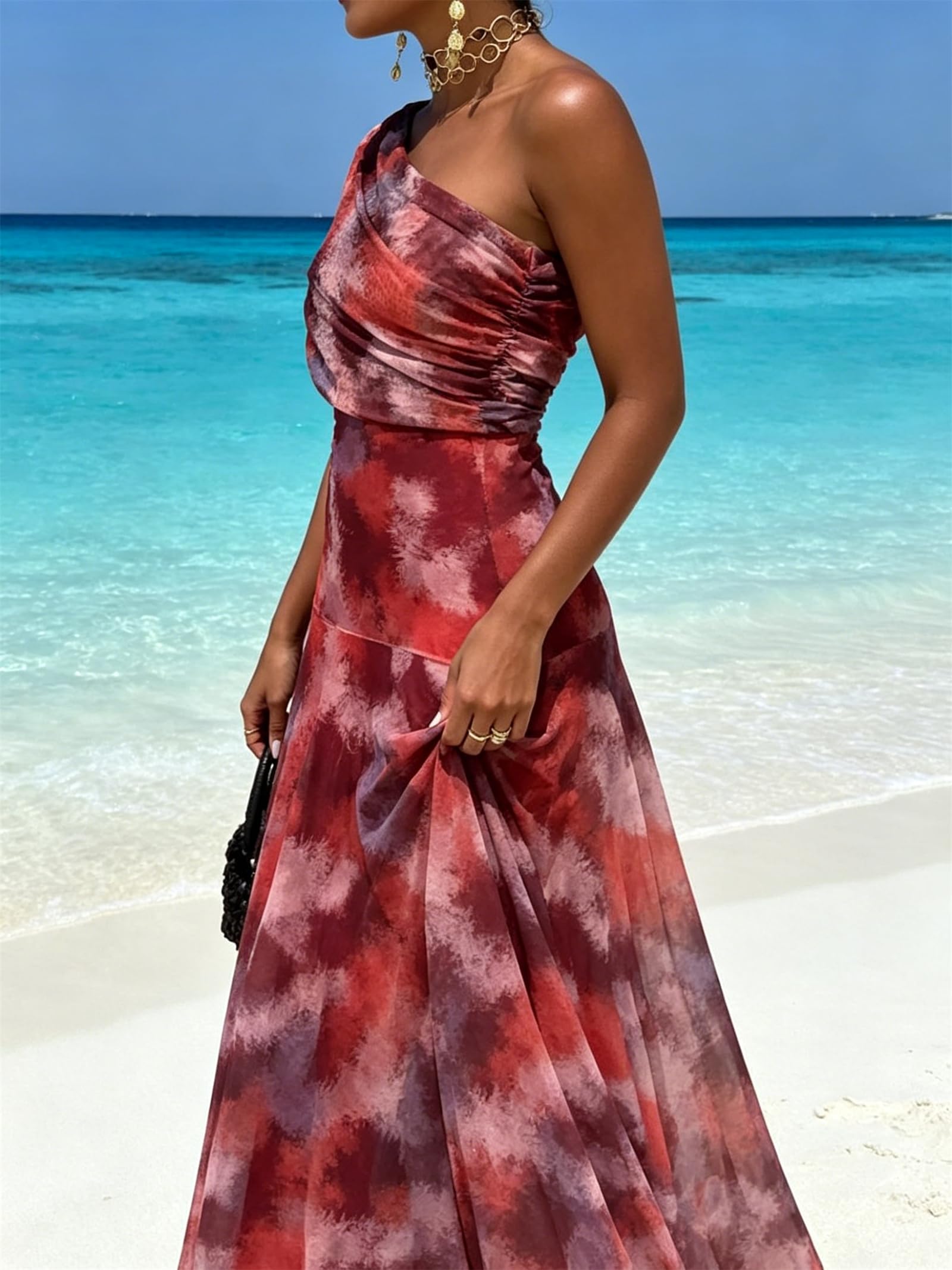 Abito Lungo Aderente da Donna Sexy con Spalle Scoperte, in Chiffon, svolazzante, Casual, per Feste, Matrimoni, Senza Maniche, Plissettato