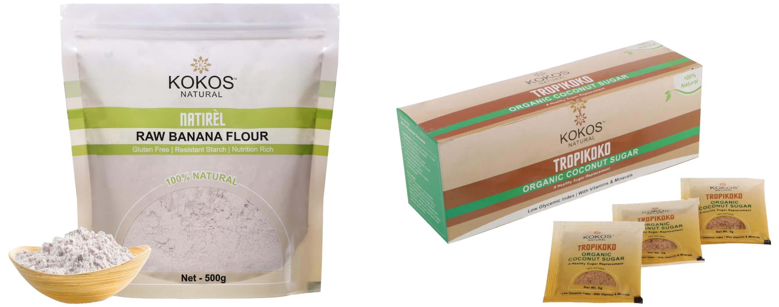 Kokos Natural - Tropikoko Organic Coconut Sugar 125g - Raw Banana Flour 500g - Total 625 Gm