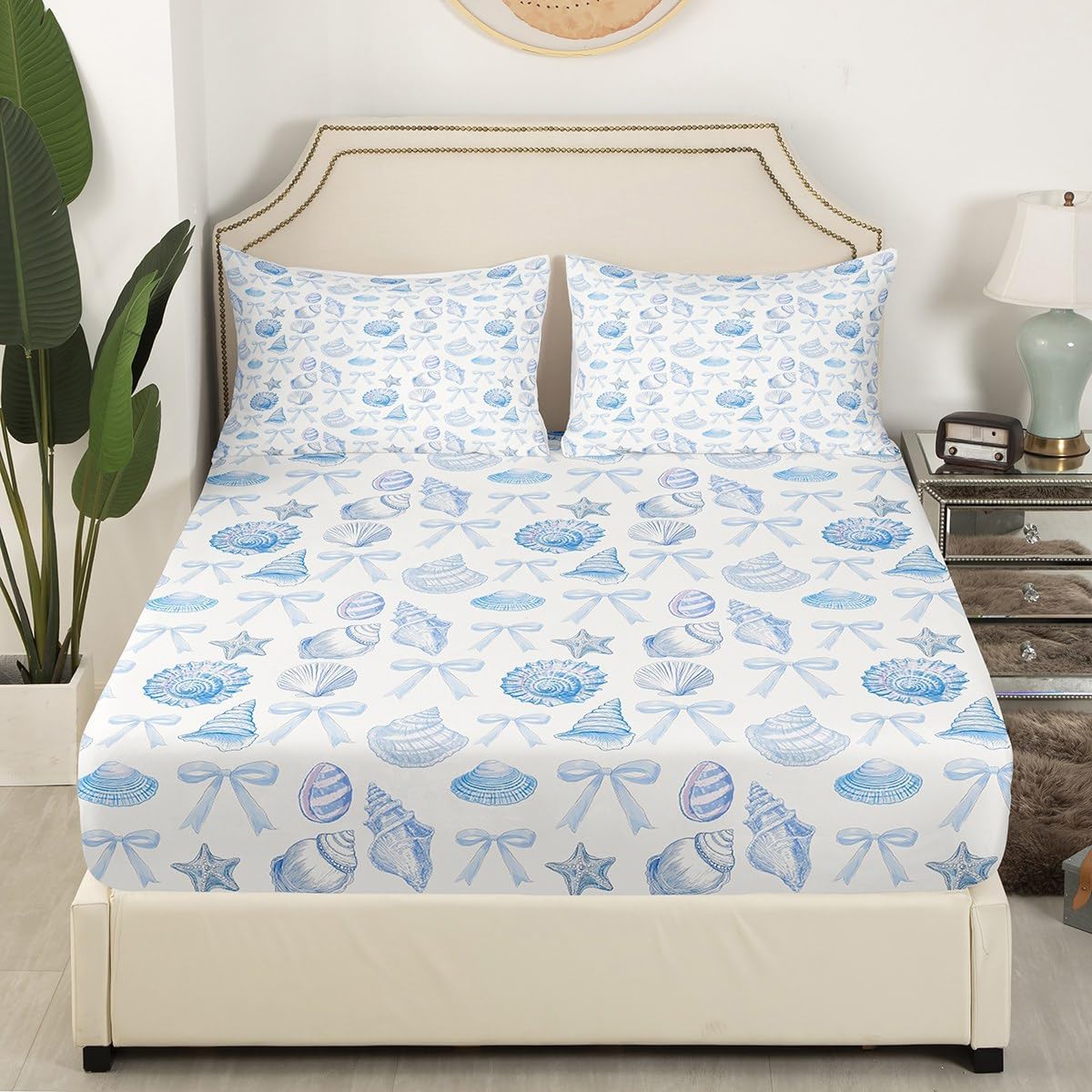 Coastal Fitted Sheet Queen Size Summer Beach Shell Conch Graffiti Bedding Sheet Set,Hawaii Seaside Blue Bowknot Princess Bow Girly Bed Cover Bedding 3 Pcs(No Flat Sheet)