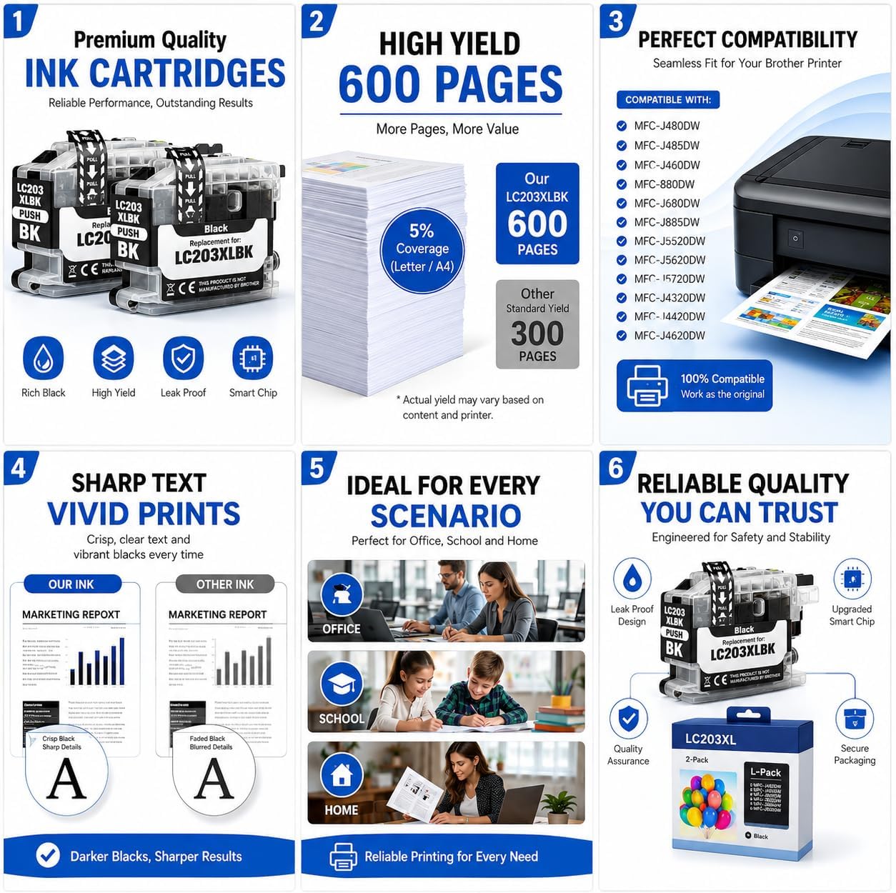 LC203XL LC203 Black Ink Cartridges 2-Pack High Yield Compatible with Brother LC203 LC201 Ink, Replacement for MFC-J480DW MFC-J880DW MFC-J4420DW MFC-J680DW MFC-J885DW MFC-J4320DW MFC-J460DW Printers