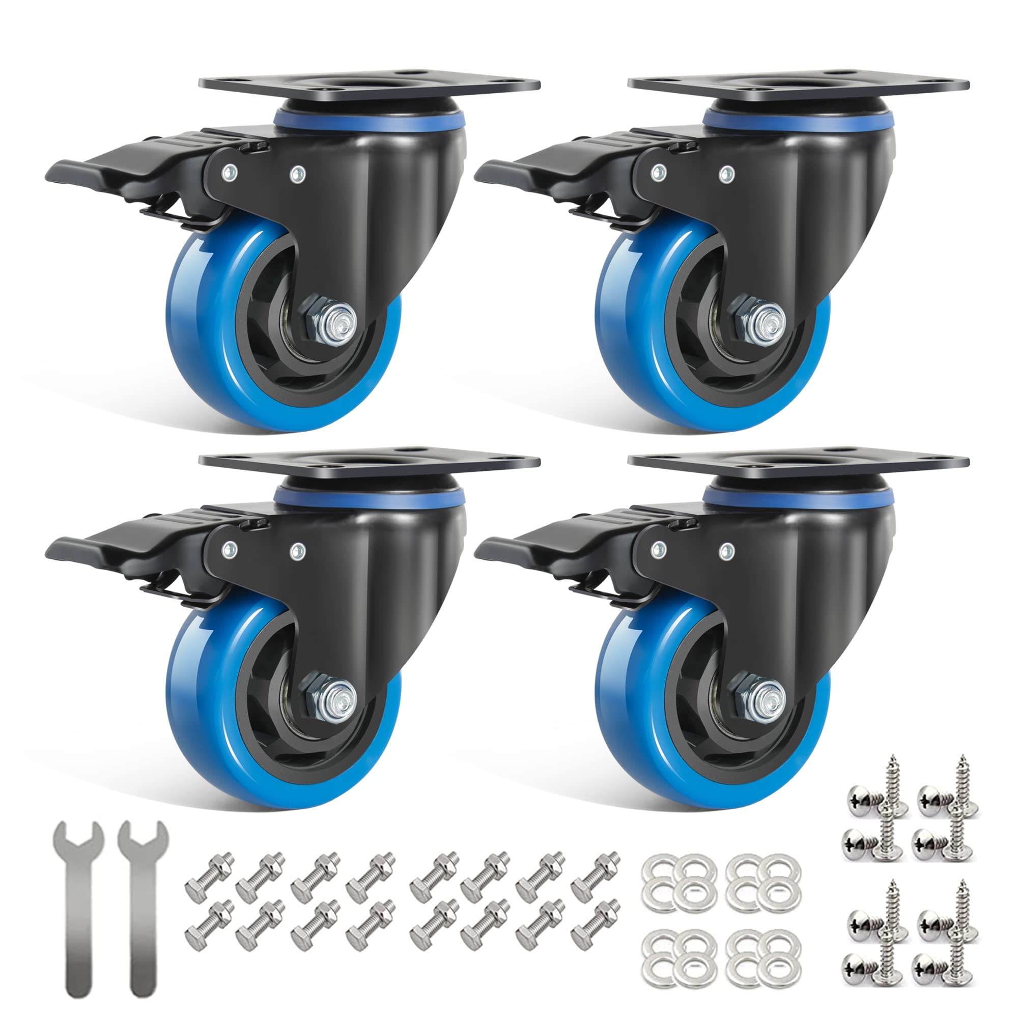 75MM Furniture Castors Heavy Duty Castor Wheels with Brakes, Double Bearing PU Trolley Wheels Rubber Swivel Castor, 4 Industrial Plate Casters Capacity 500KG