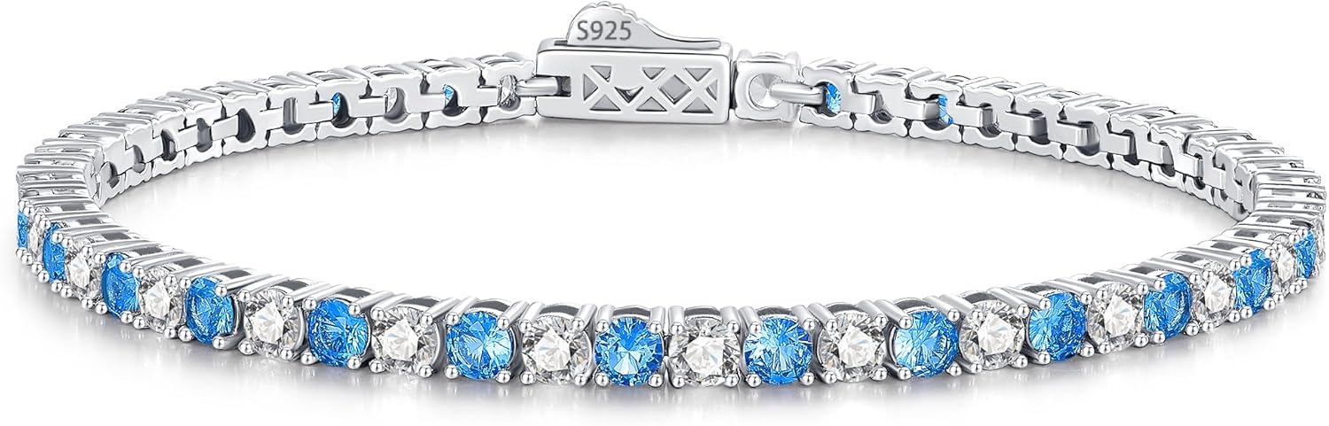 ETERMBOL Birthstone Bracelets for Women Birthday Gifts 3mm Sterling Silver White Gold Tennis Bracelets for Women Round Cut 5A Cubic Zirconia Jewelry for Her Mom Wife 7 Inch