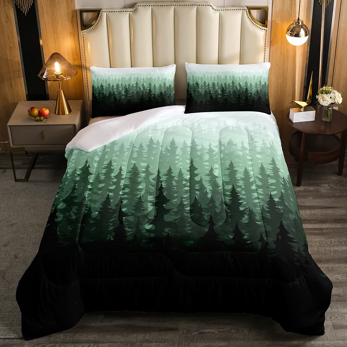 Loussiesd Trees Bedding Set for Kids Girls Boys Child Pine Fir Duvet Insertative Foggy Natural Scenery Duvet Insert Woodland Scene Single Size 2Pcs